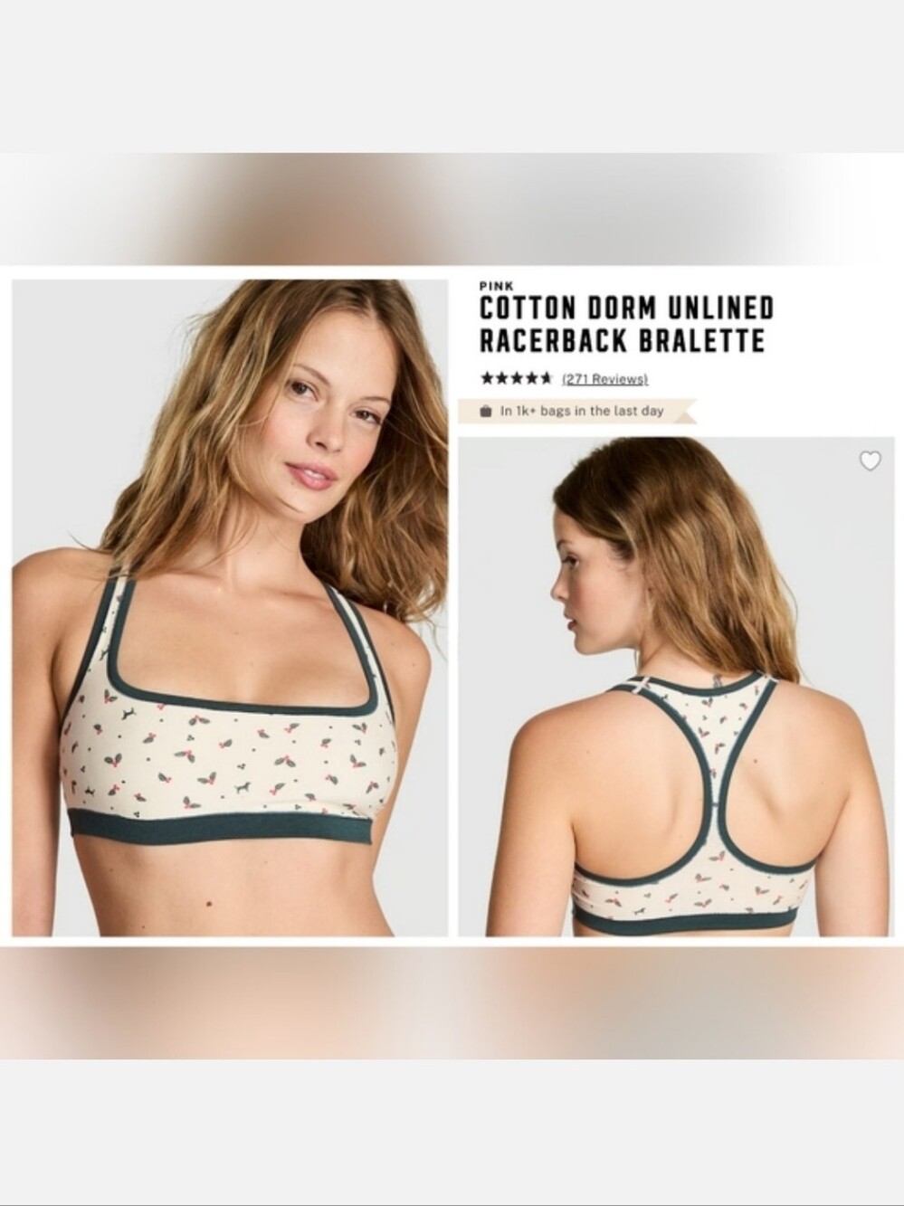 Victoria's Secret PINK Cotton Dorm Unlined Racerback Bralette MISTLETOE LARGE